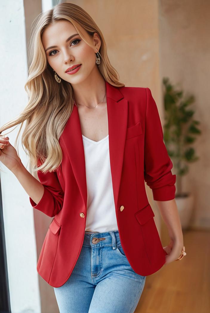 ladies solid button up blazer with long sleeves casual lapel design 101326