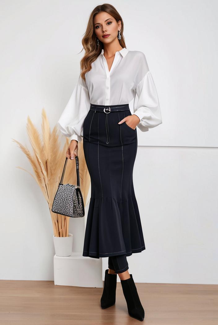 mermaid denim skirt with slant pockets stretch high waist women s denim midi skirt 102813