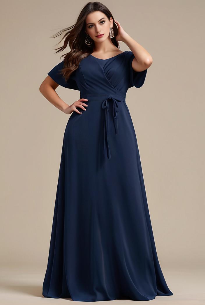 plus size simple chiffon pleated a line round neckline bridesmaid dress 113789
