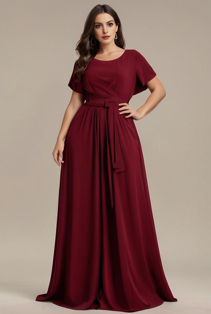 plus size simple chiffon pleated a line round neckline bridesmaid dress 113837