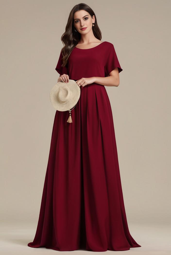 plus size simple chiffon pleated a line round neckline bridesmaid dress 113853