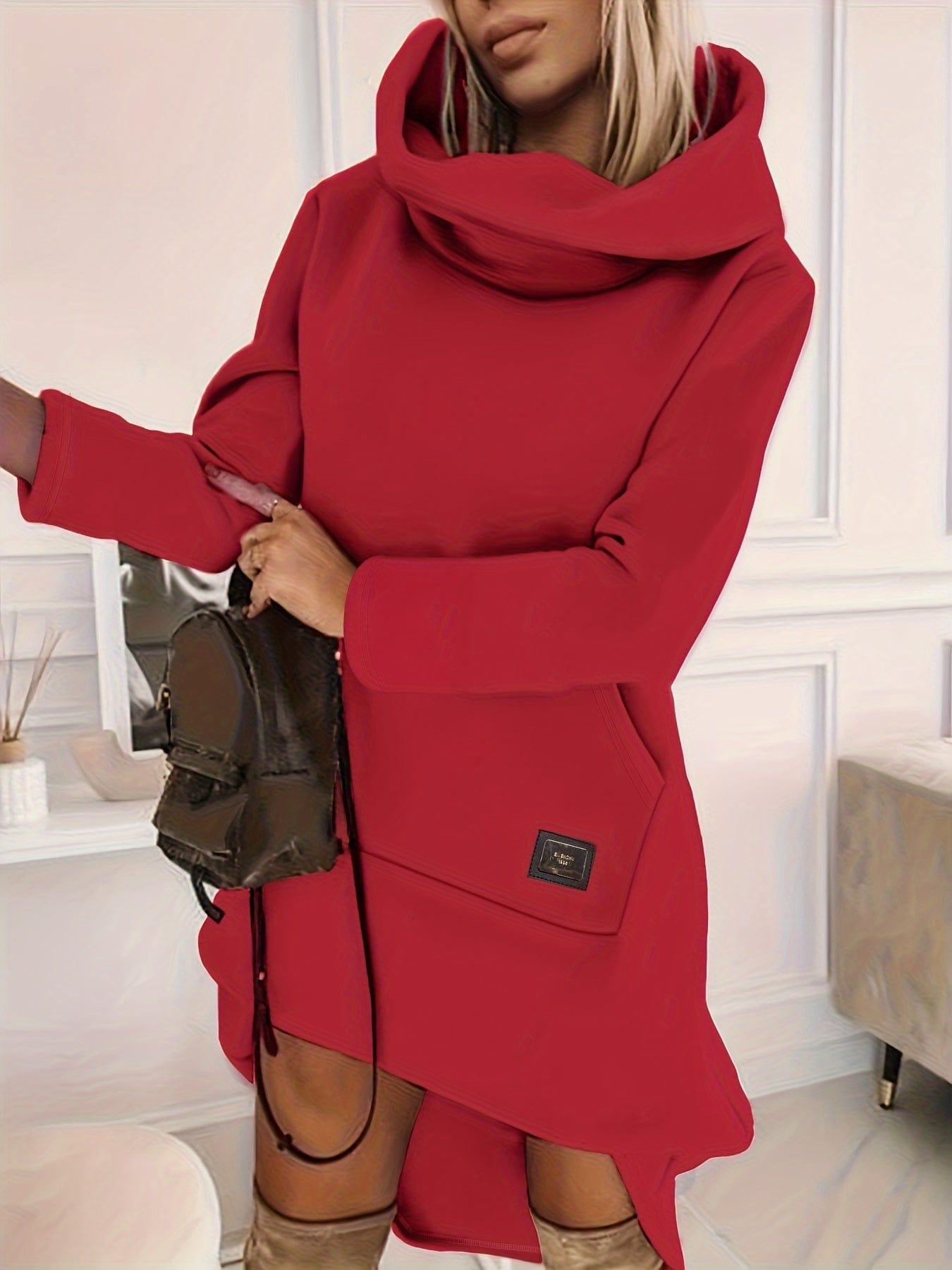 Solid Stylish Kangaroo Pocket Hooded Sweatshirt Midi Dress