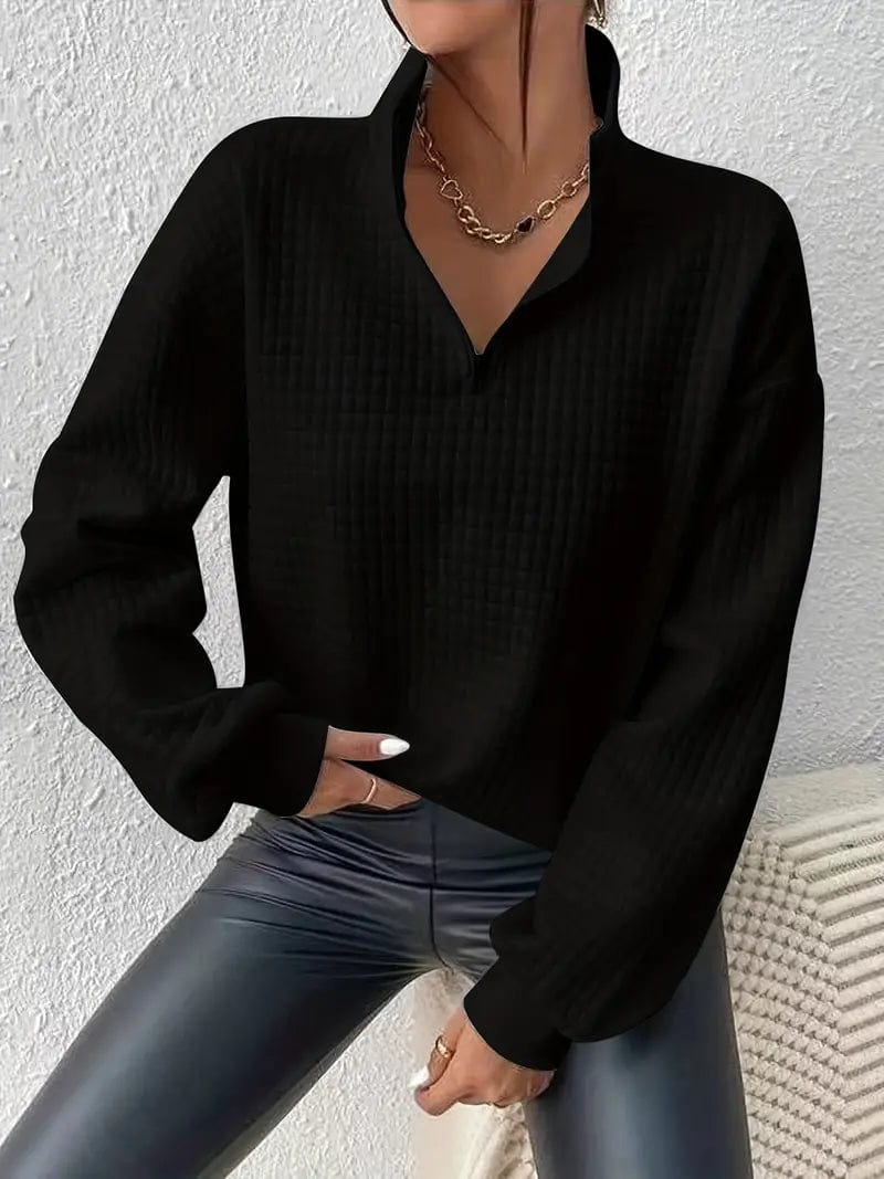 Waffle Grid Quarter Zip Pullover - Stylish Women's Fall & Winter Sweatshirt