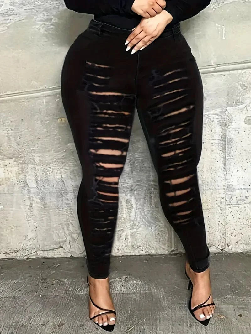 Skinny Black Denim Pants with Rips, Women's Stretchy Jeans