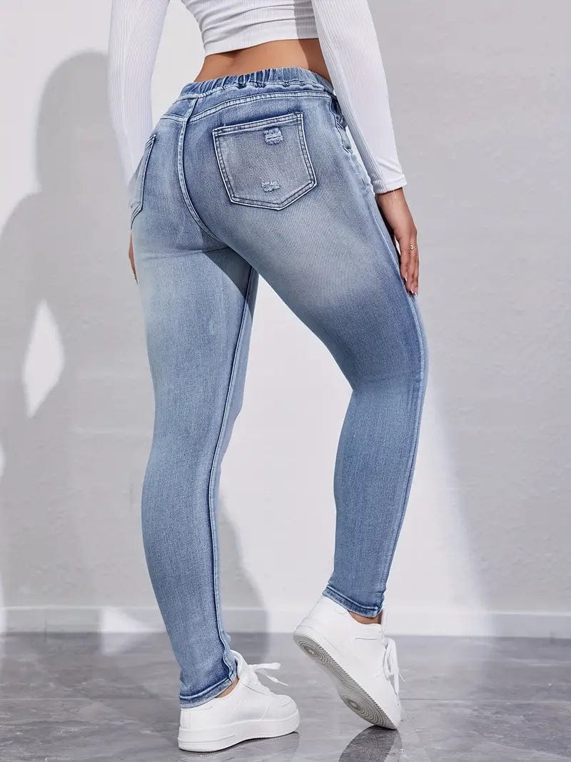 Slim Fit Drawstring Denim Jeans with Elastic Waist for Women