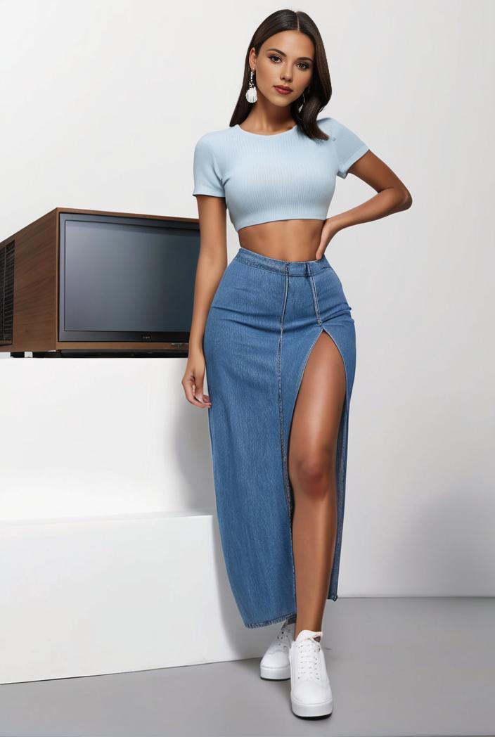 split thigh casual denim midi skirt with slant pockets 111547