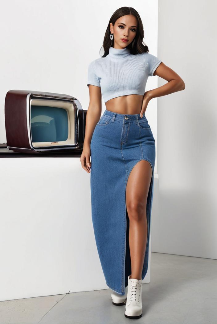 split thigh casual denim midi skirt with slant pockets 111549