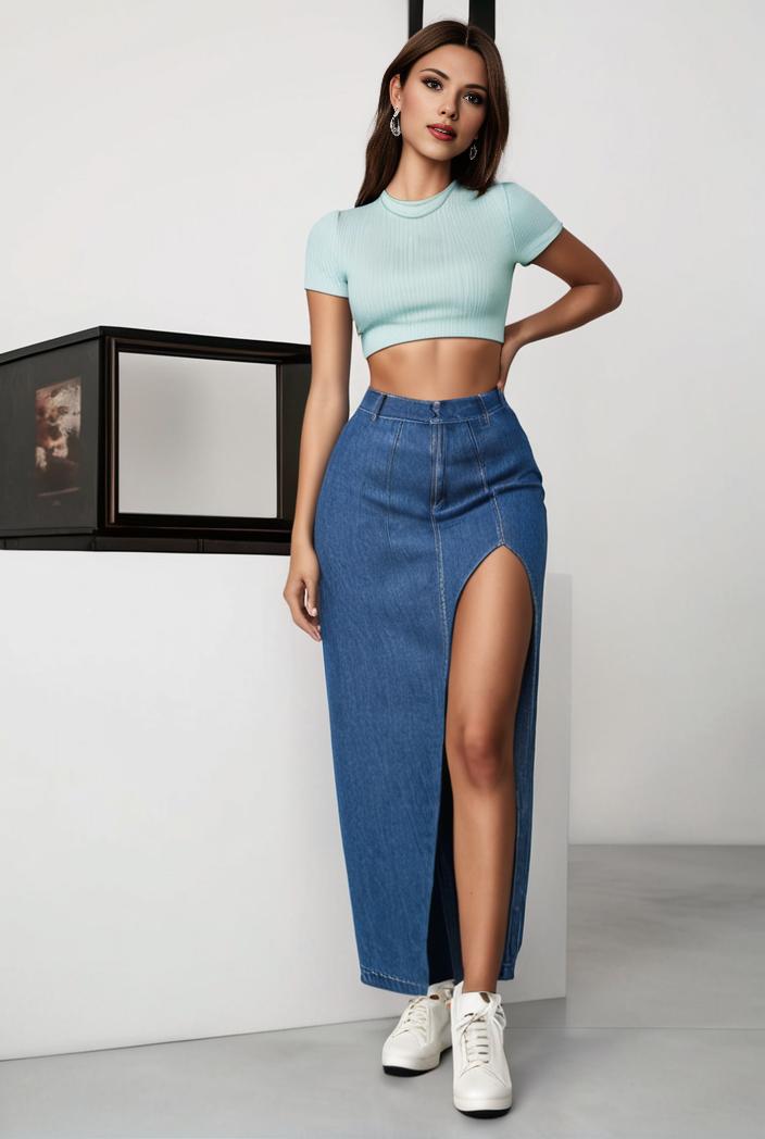 split thigh casual denim midi skirt with slant pockets 111551