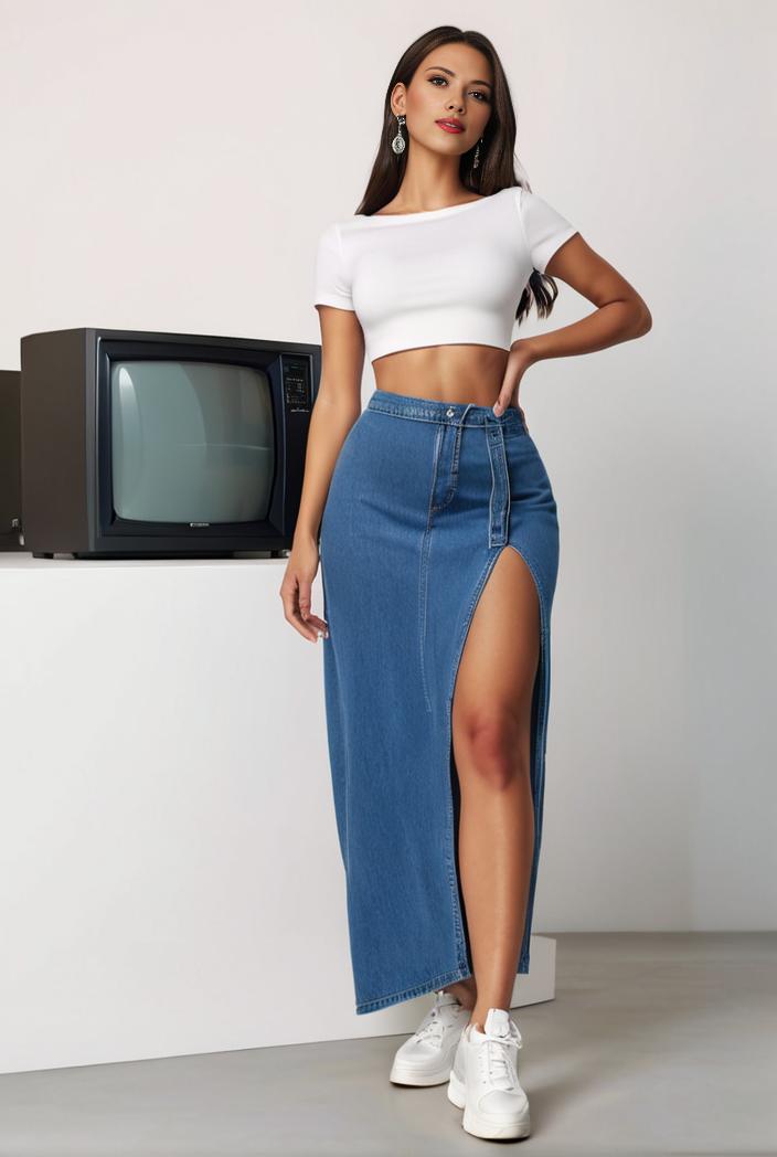 split thigh casual denim midi skirt with slant pockets 111552