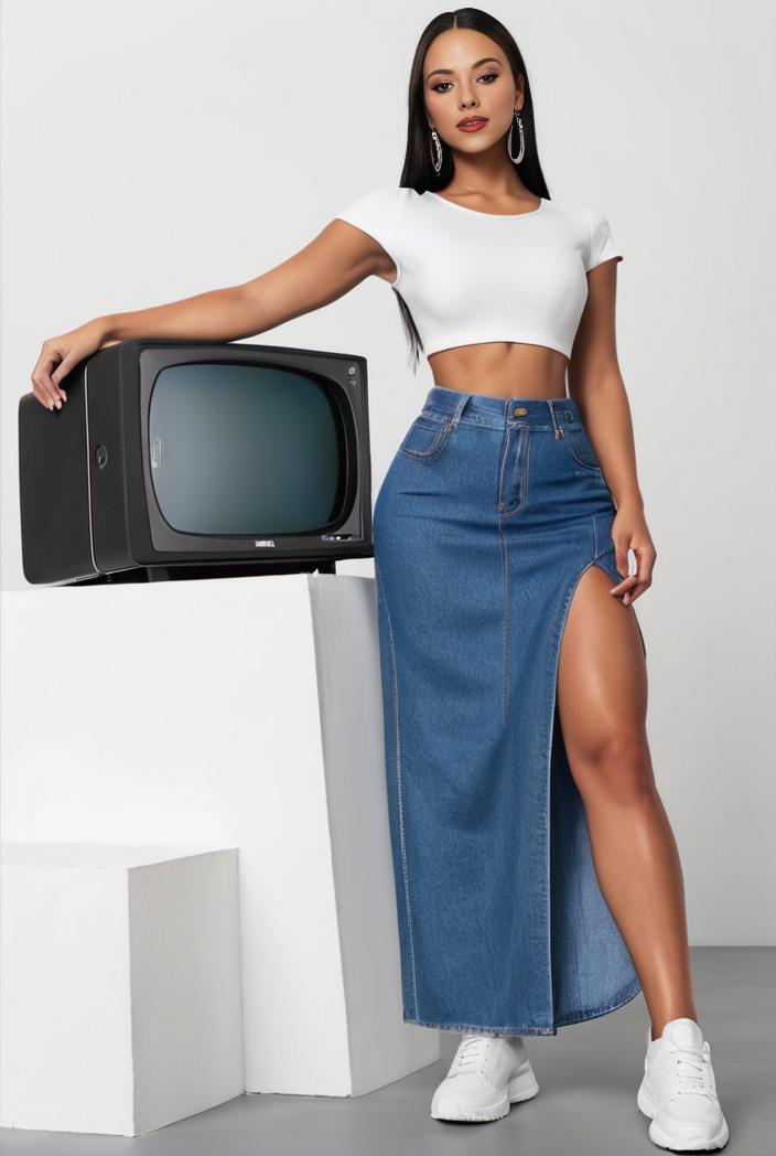 split thigh casual denim midi skirt with slant pockets 111554