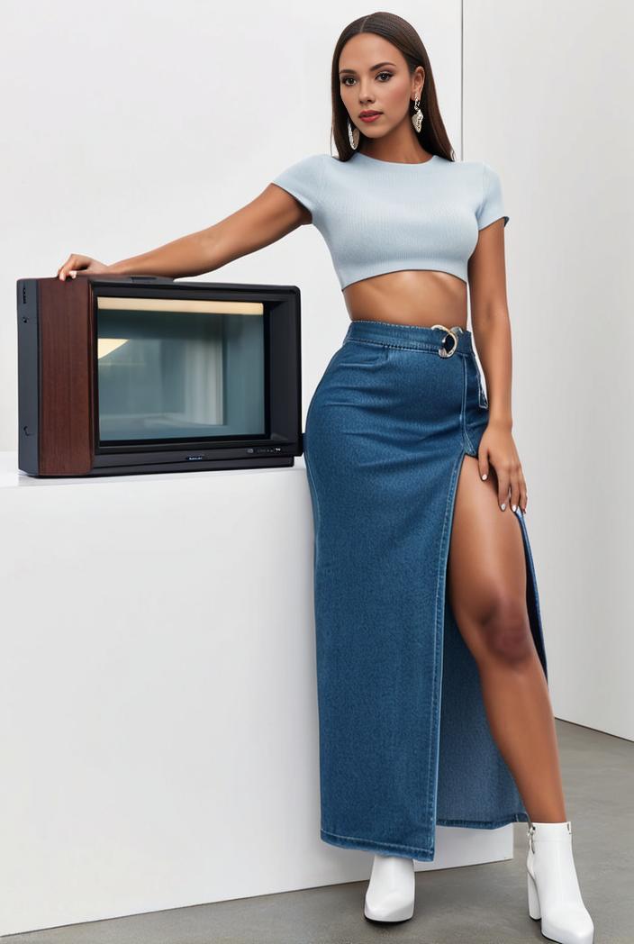 split thigh casual denim midi skirt with slant pockets 111556