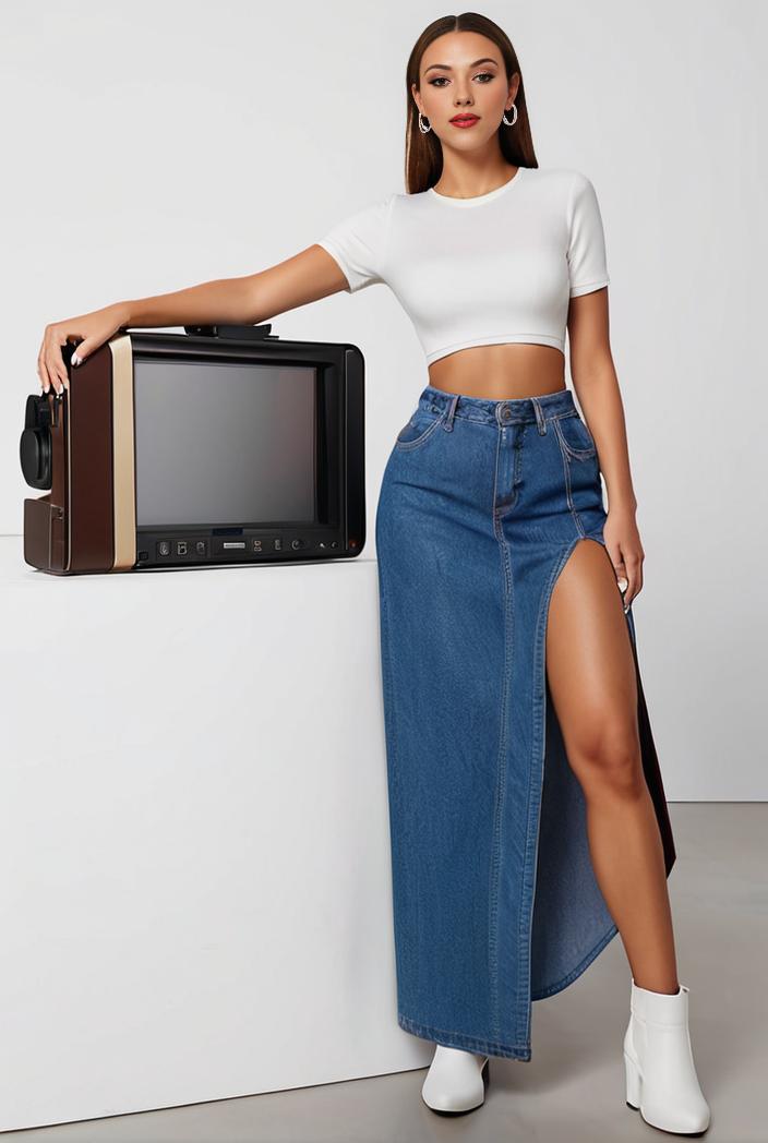 split thigh casual denim midi skirt with slant pockets 111557