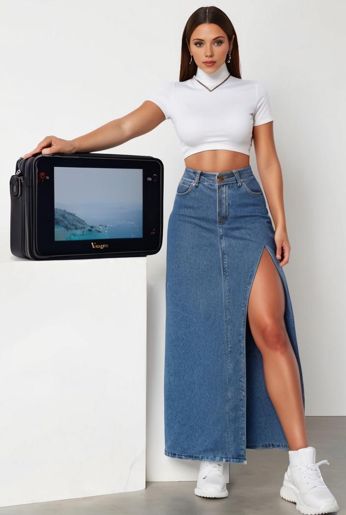 split thigh casual denim midi skirt with slant pockets 111560