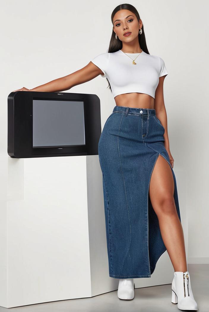 split thigh casual denim midi skirt with slant pockets 111559