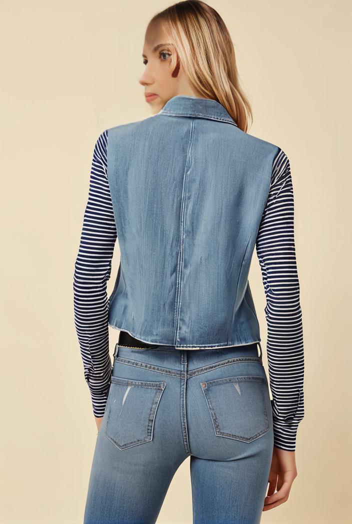 washed denim sleeveless vest with distressed ripped lapel women s denim jacket collection 116357