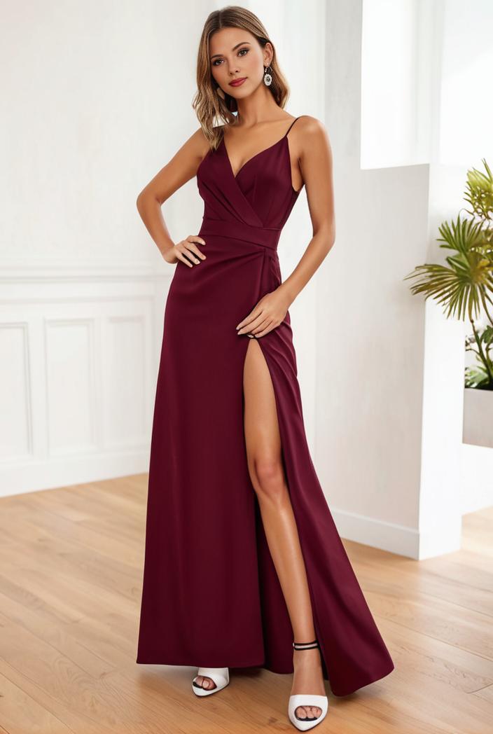 pleated v neck spaghetti strap high slit bridesmaid dress 100043