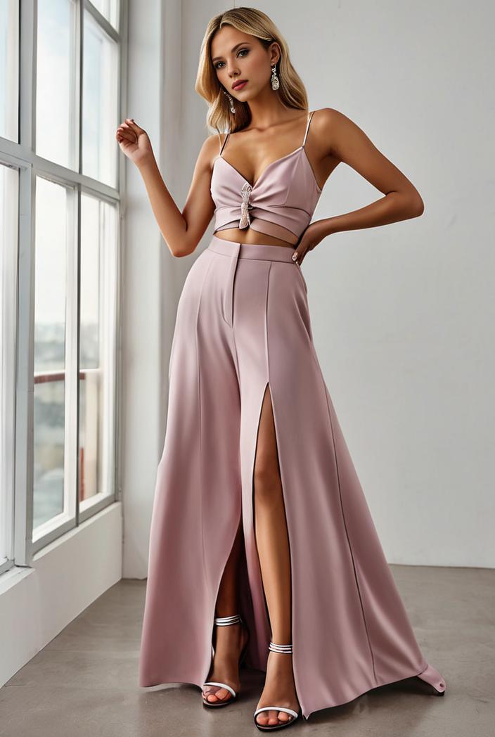 pleated v neck spaghetti strap high slit bridesmaid dress 100045