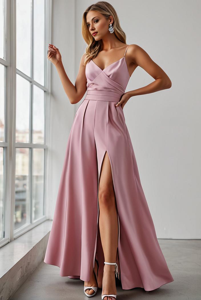 pleated v neck spaghetti strap high slit bridesmaid dress 100049