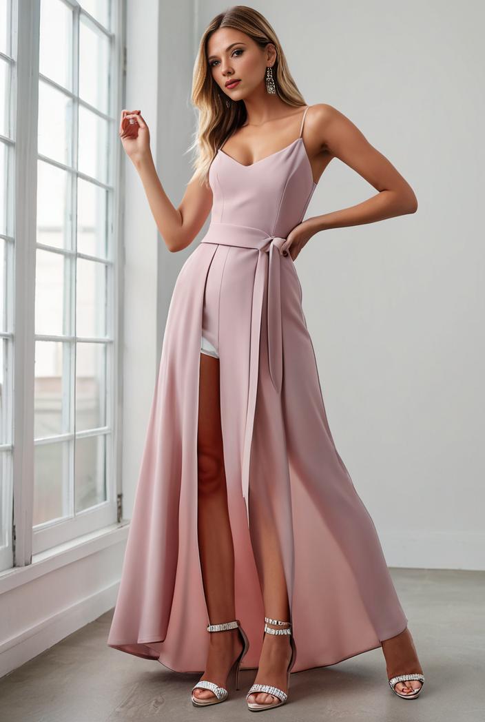 pleated v neck spaghetti strap high slit bridesmaid dress 100051