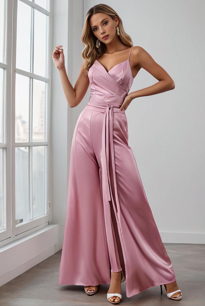 pleated v neck spaghetti strap high slit bridesmaid dress 100050