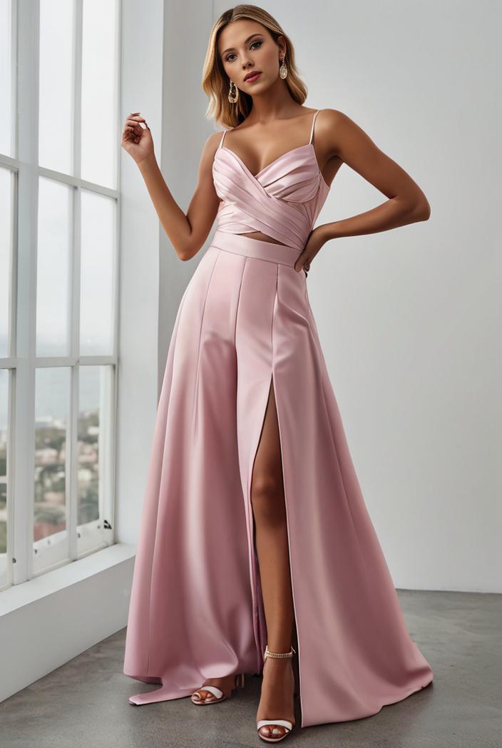 pleated v neck spaghetti strap high slit bridesmaid dress 100052