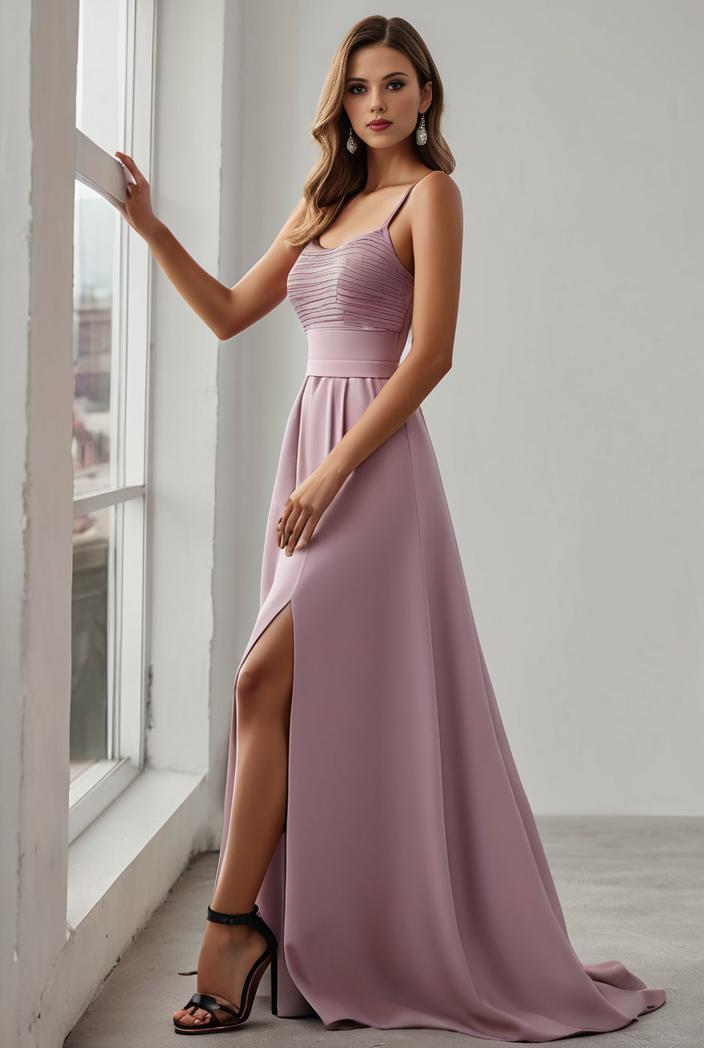 pleated v neck spaghetti strap high slit bridesmaid dress 100065