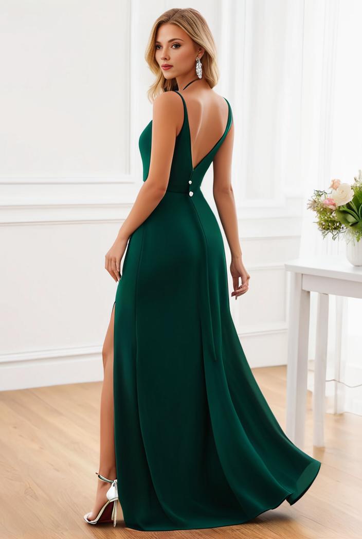 pleated v neck spaghetti strap high slit bridesmaid dress 100078
