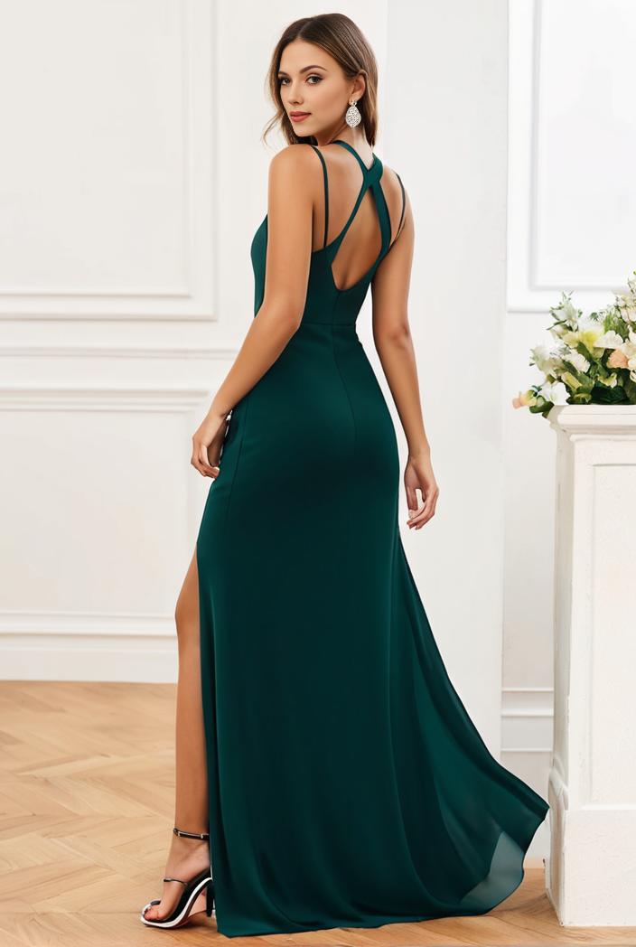 pleated v neck spaghetti strap high slit bridesmaid dress 100079