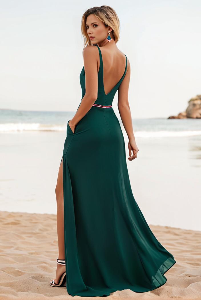 pleated v neck spaghetti strap high slit bridesmaid dress 100083