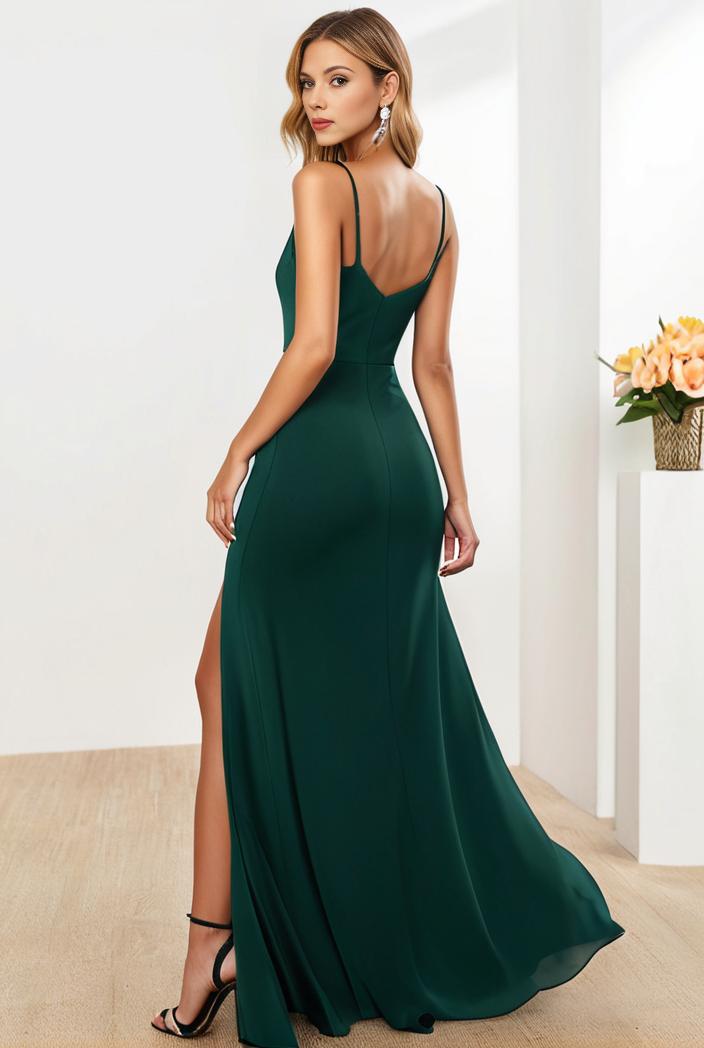 pleated v neck spaghetti strap high slit bridesmaid dress 100084