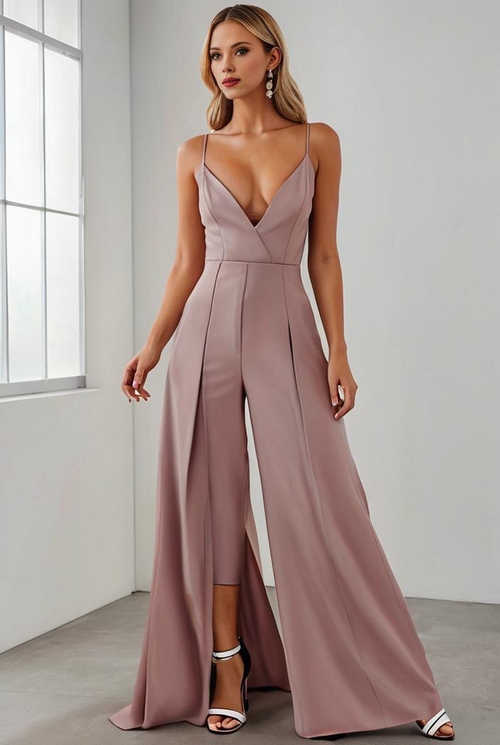 pleated v neck spaghetti strap high slit bridesmaid dress 100093