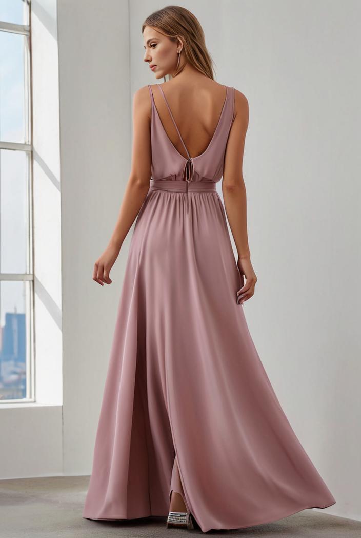pleated v neck spaghetti strap high slit bridesmaid dress 100094
