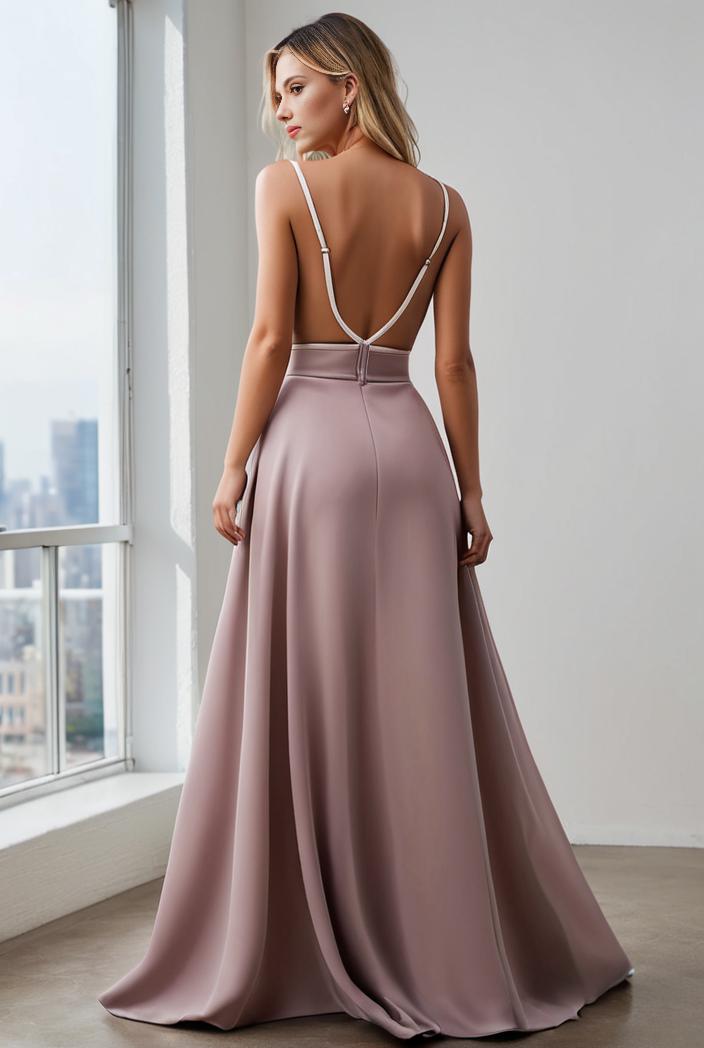 pleated v neck spaghetti strap high slit bridesmaid dress 100096