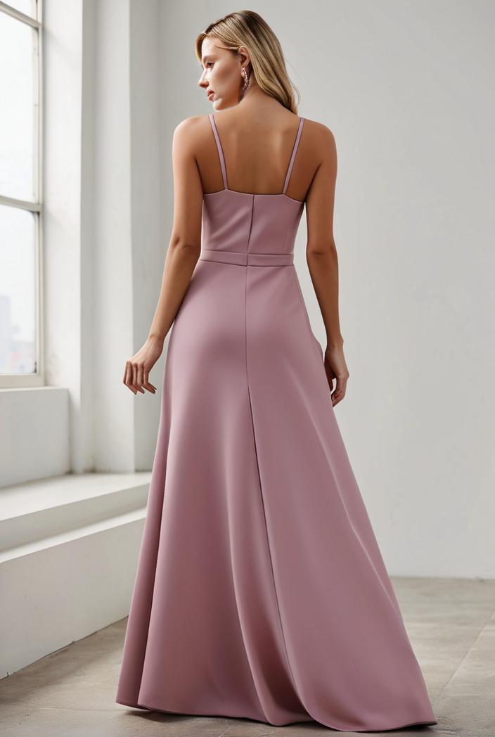 pleated v neck spaghetti strap high slit bridesmaid dress 100097