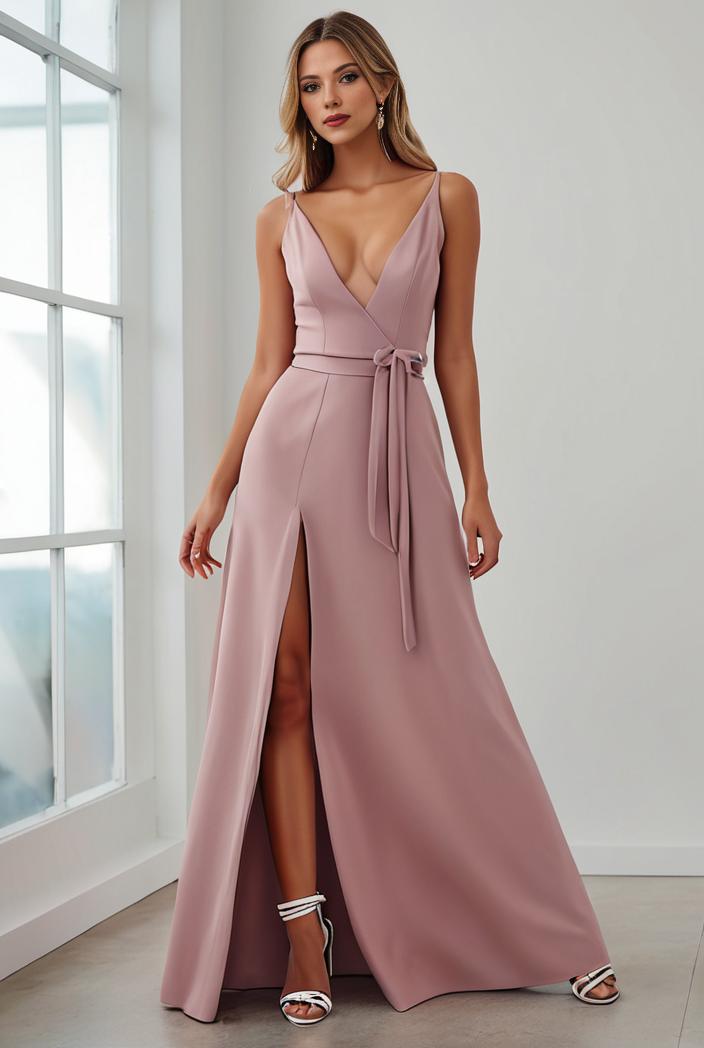 pleated v neck spaghetti strap high slit bridesmaid dress 100098
