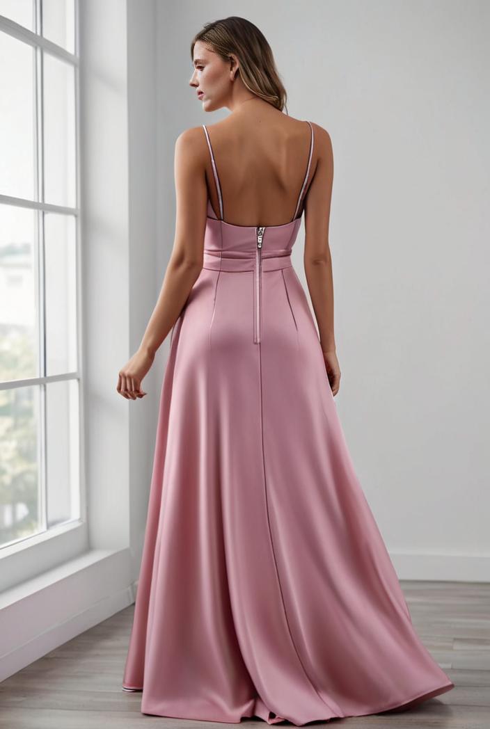 pleated v neck spaghetti strap high slit bridesmaid dress 100099