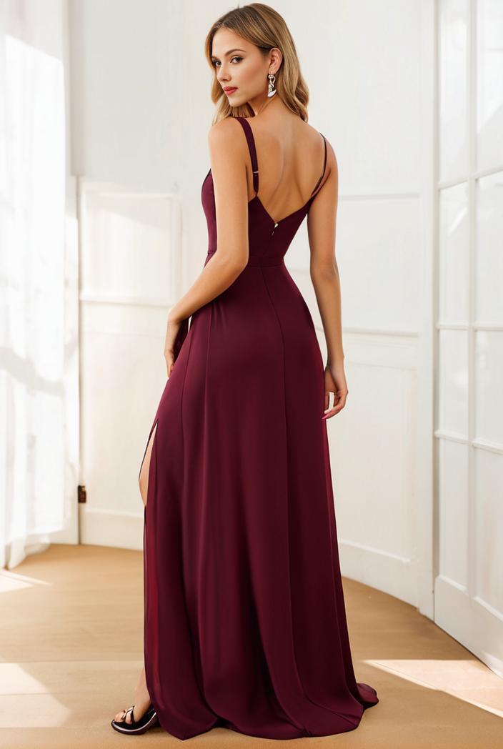 pleated v neck spaghetti strap high slit bridesmaid dress 100104