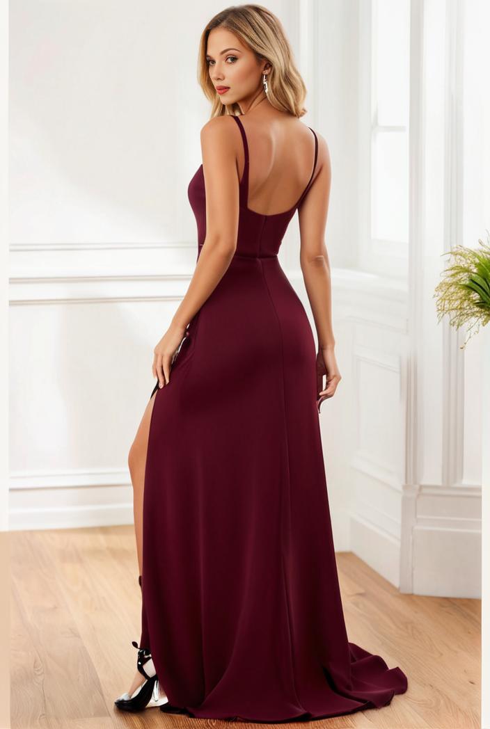 pleated v neck spaghetti strap high slit bridesmaid dress 100101