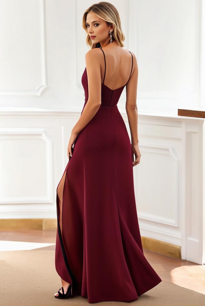 pleated v neck spaghetti strap high slit bridesmaid dress 100102