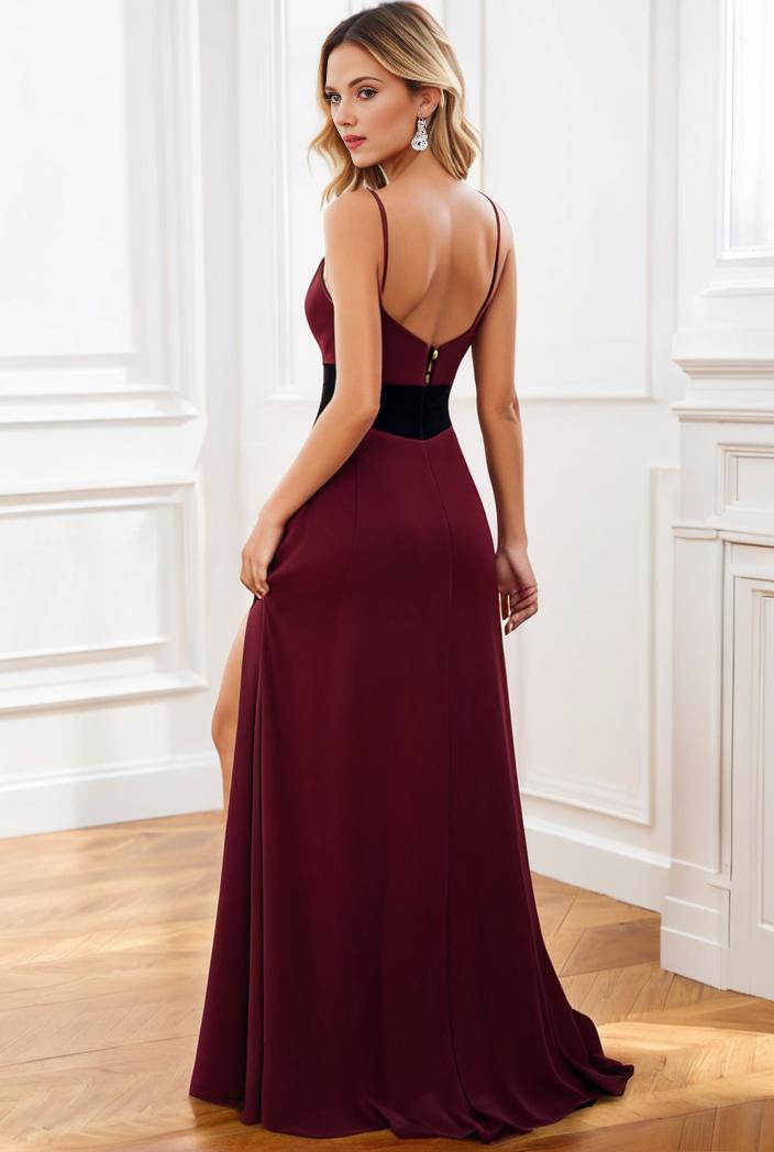 pleated v neck spaghetti strap high slit bridesmaid dress 100103