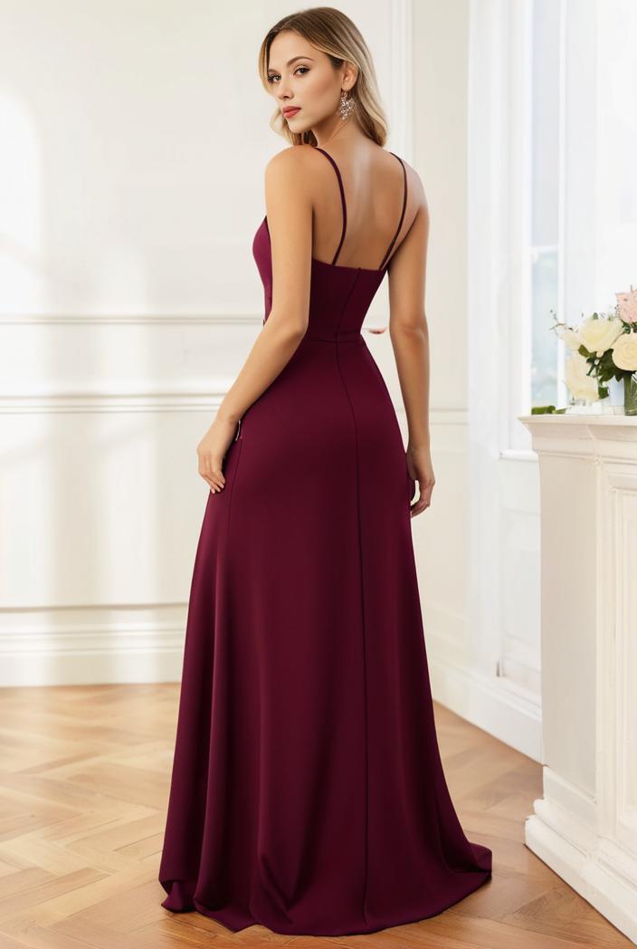 pleated v neck spaghetti strap high slit bridesmaid dress 100105