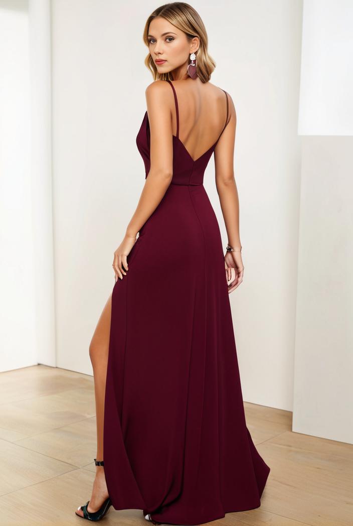 pleated v neck spaghetti strap high slit bridesmaid dress 100108