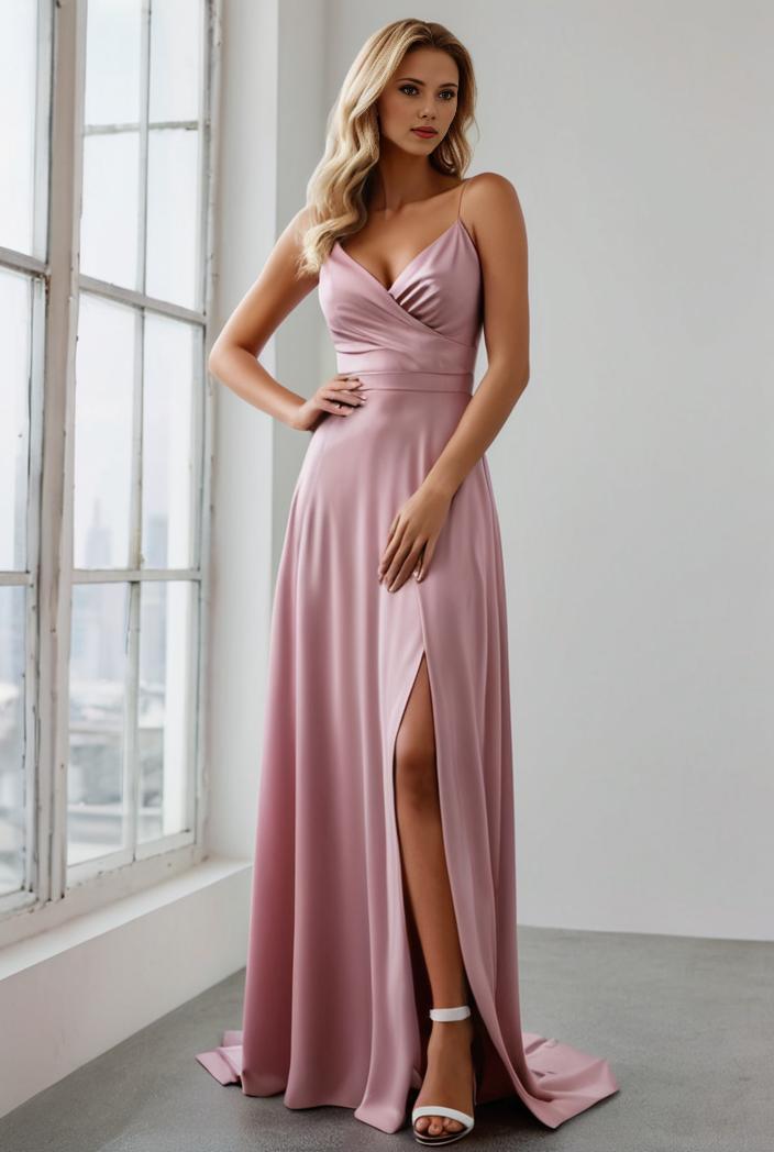 pleated v neck spaghetti strap high slit bridesmaid dress 100120