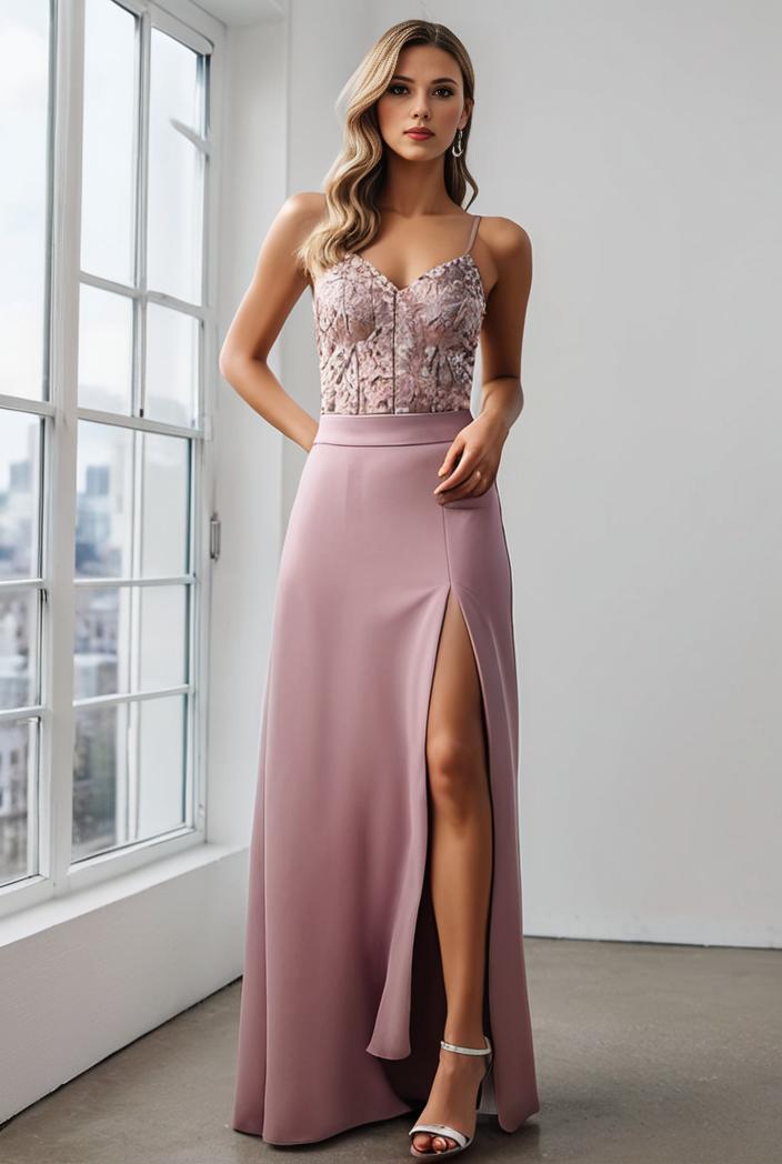 pleated v neck spaghetti strap high slit bridesmaid dress 100119