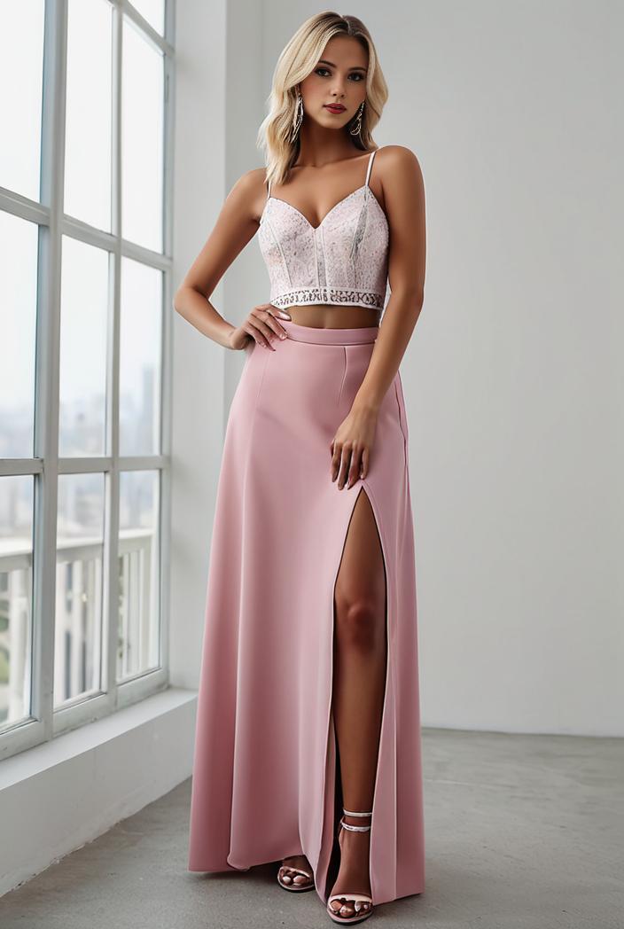 pleated v neck spaghetti strap high slit bridesmaid dress 100124