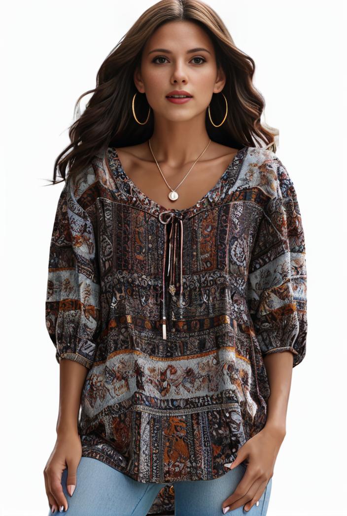 plus size boho top women s plus allover paisley print half sleeve v neck slight stretch top 100296