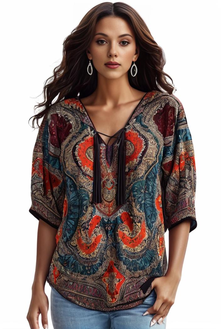 plus size boho top women s plus allover paisley print half sleeve v neck slight stretch top 100298