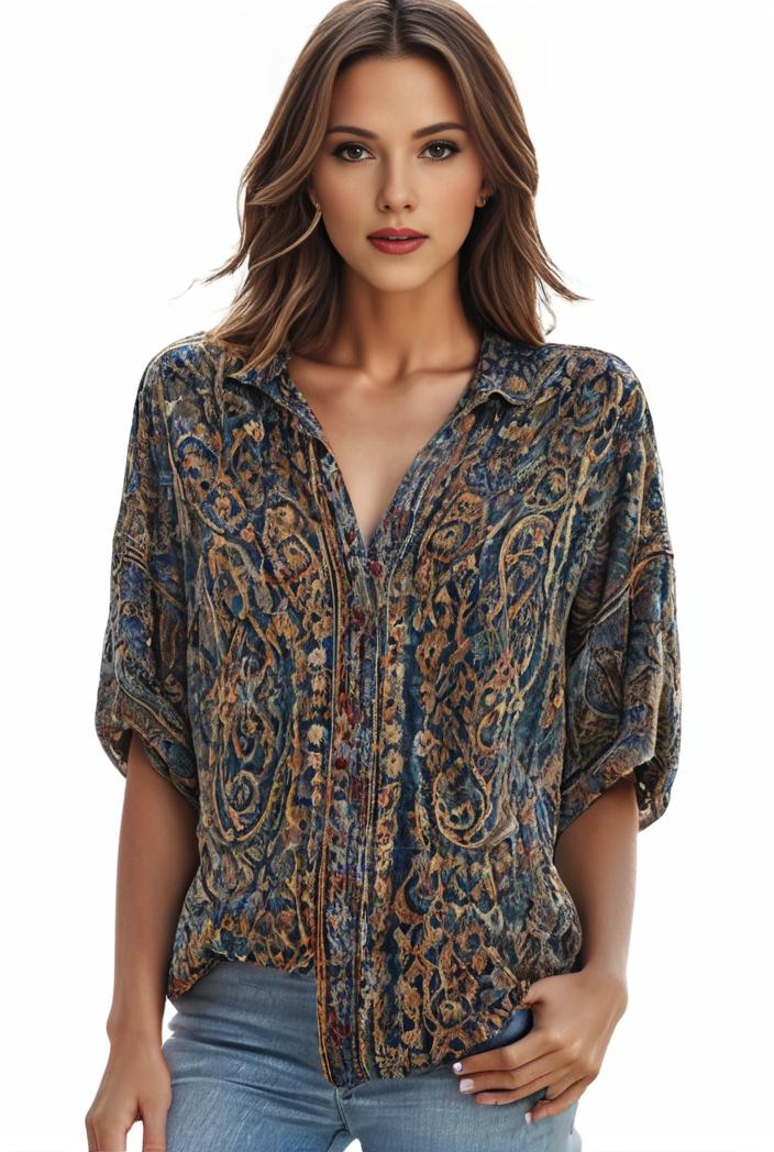 plus size boho top women s plus allover paisley print half sleeve v neck slight stretch top 100305