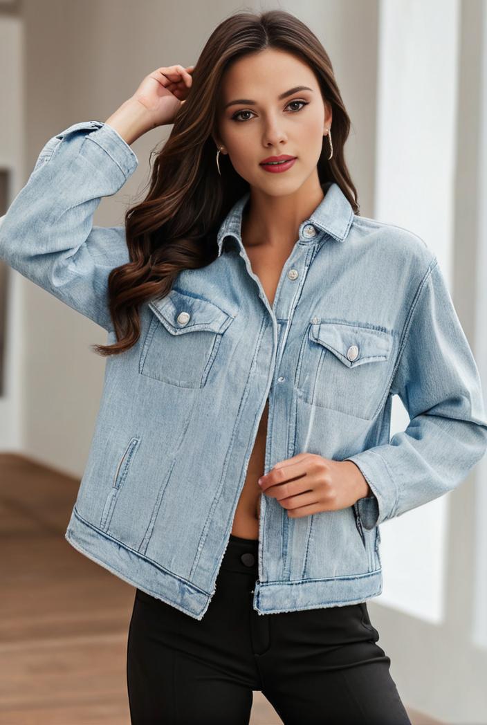 women s distressed blue denim jacket with flap pockets and lapel stylish long sleeve coat 116937