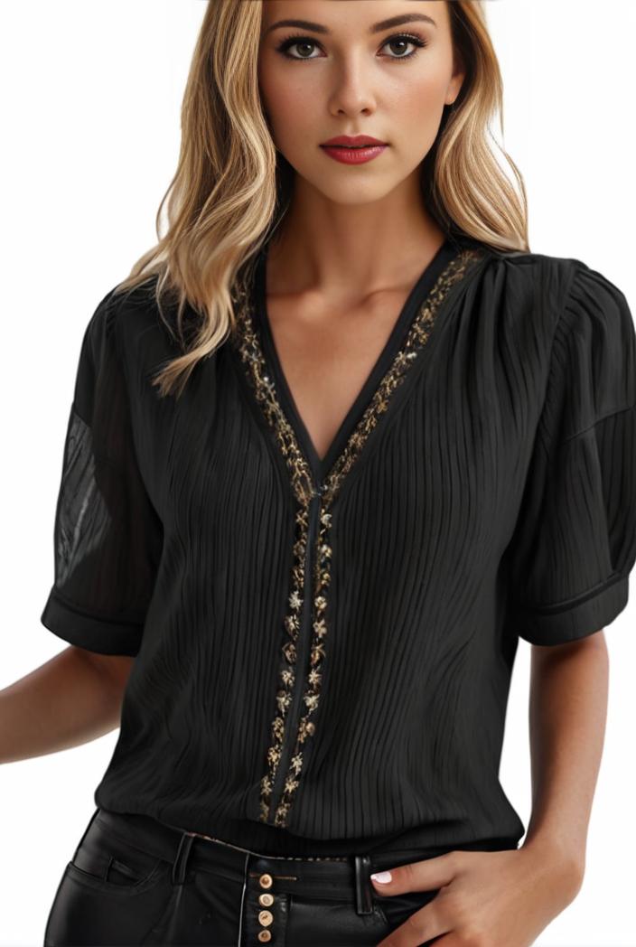 plus size elegant blouse women s plus solid contrast lace ribbed puff sleeve v neck shirt top 101316